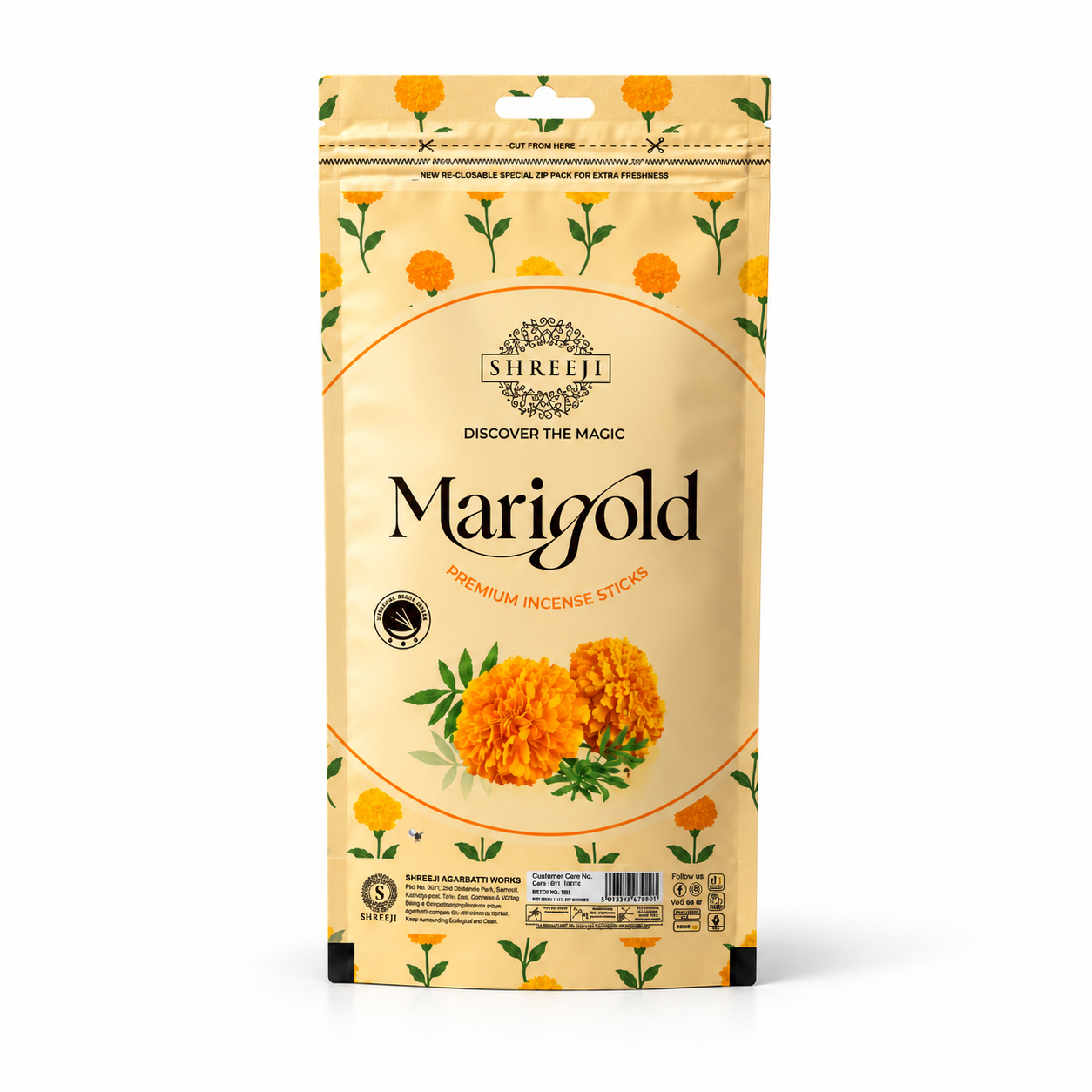 Marigold Premium Incense Sticks Zipper Pouch - Shreeji Agarbatti pack