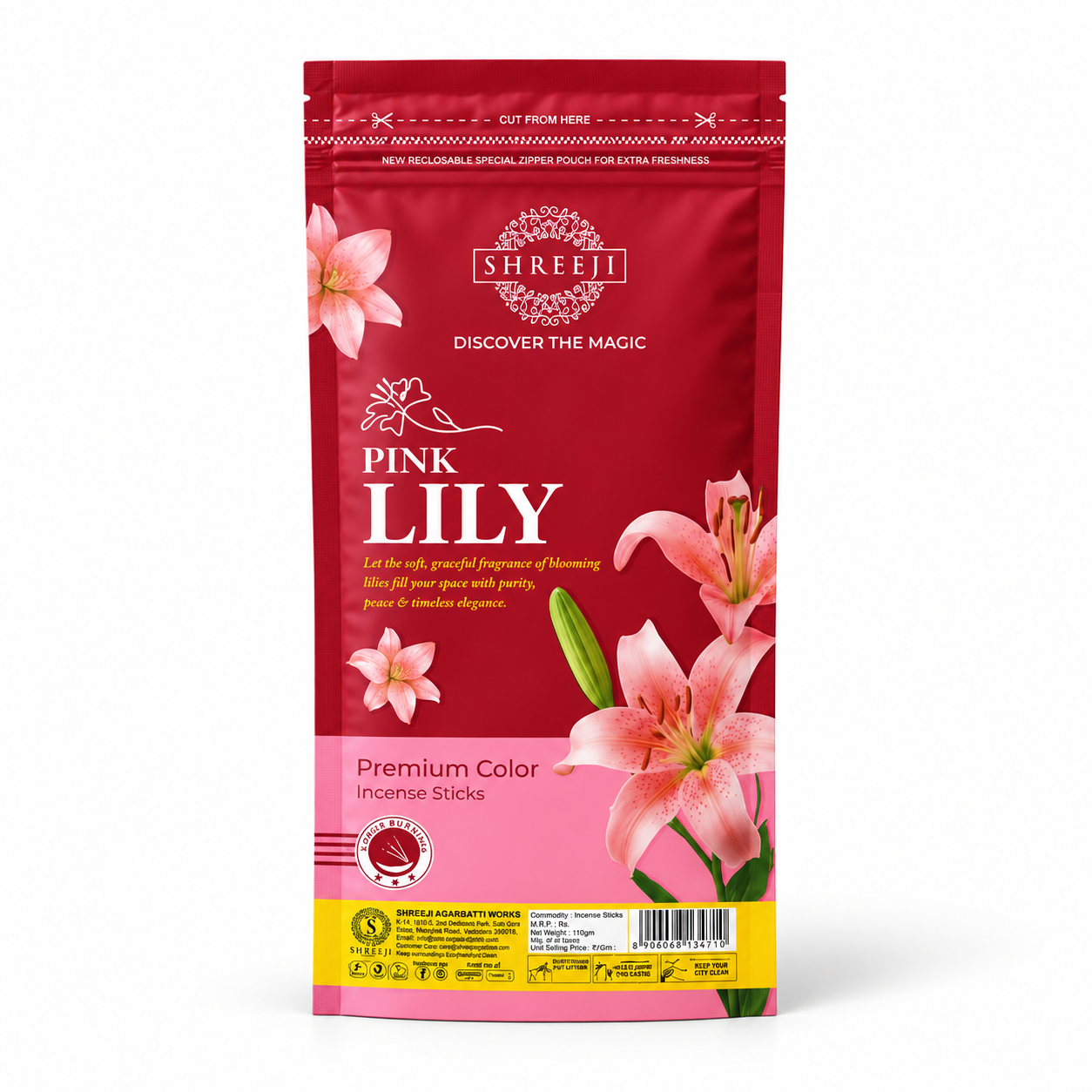 Pink Lily Premium Color Incense Sticks Zipper Pouch - Shreeji Agarbatti pack